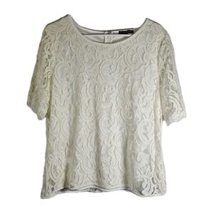 Adrianna Papell Womens Lace Ivory Lined Short Sleeve Blouse Size XL EUC